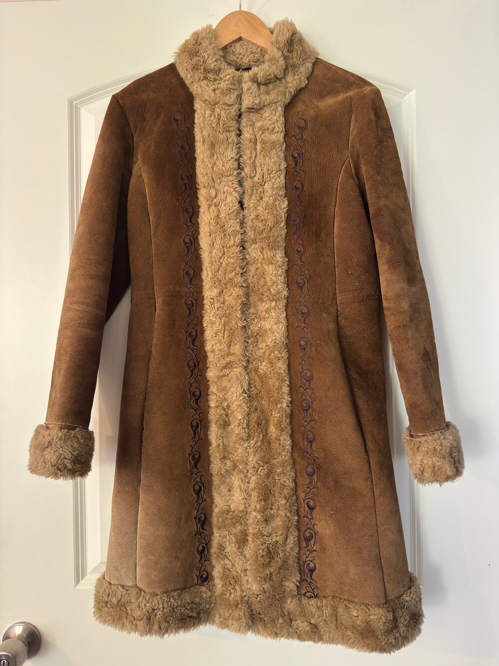 VTG Guess Penny Lane Afghan Coat Brown Suede Faux Fur Embroidered Boho Y2K S